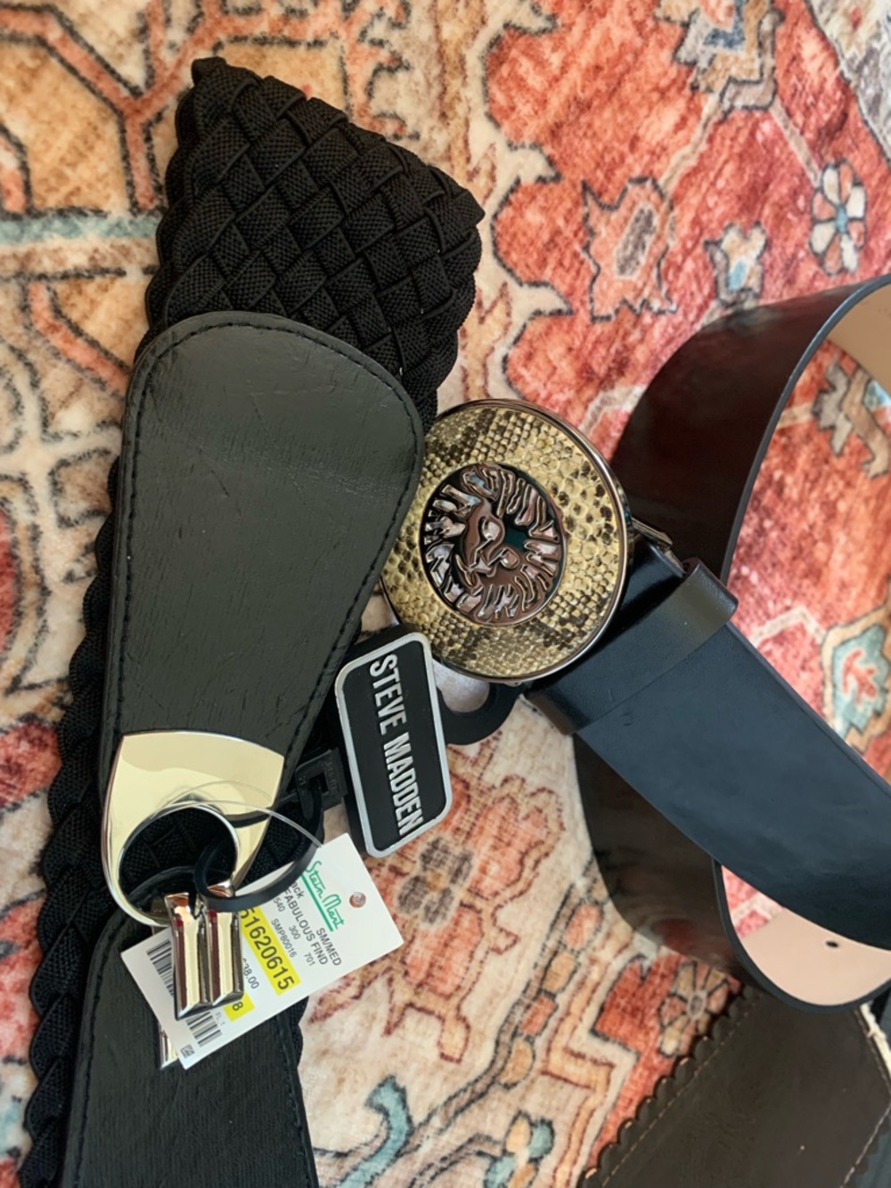 Steve Madden Black Belt with Decorative Gold-Tone Medallion